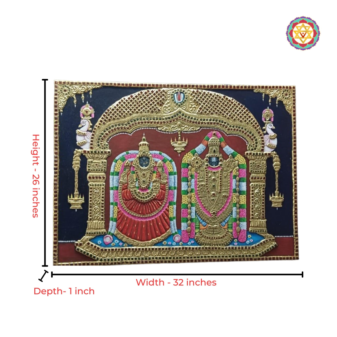 Framed Balaji and Padmavathi Tanjore painting in antique finish