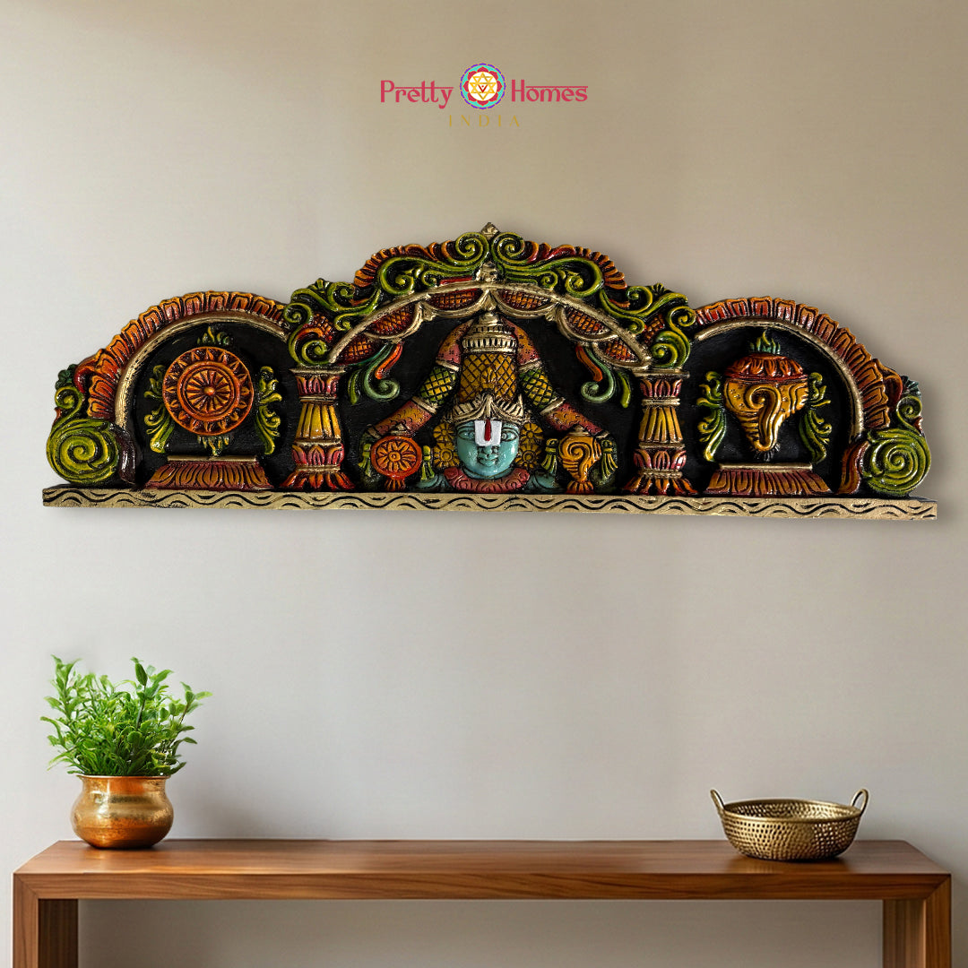 Hand carved Balaji wood wall decor with shankh chakra panel