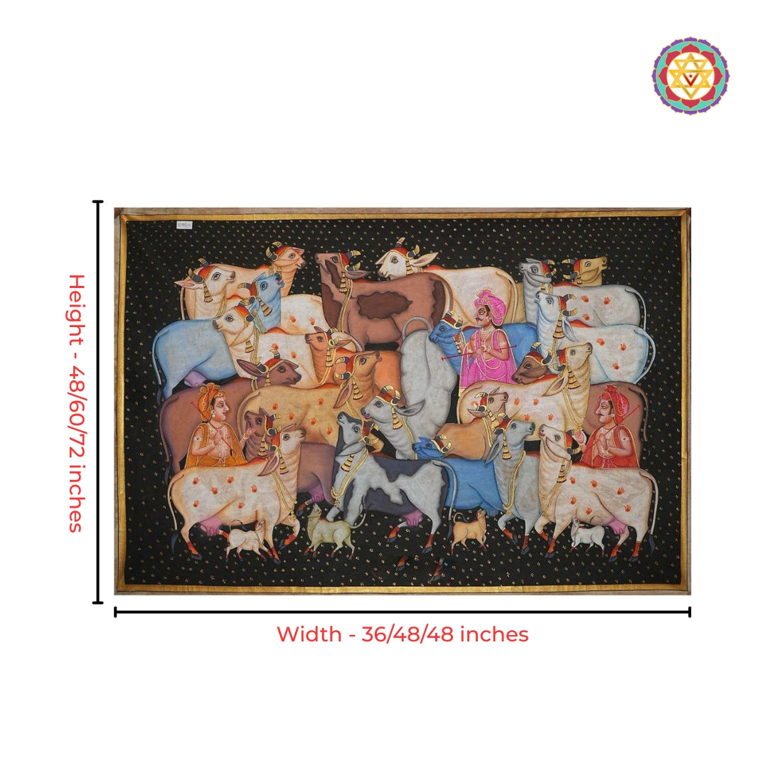 Krishna pastoral scene with aesthetic black cows and cowherds