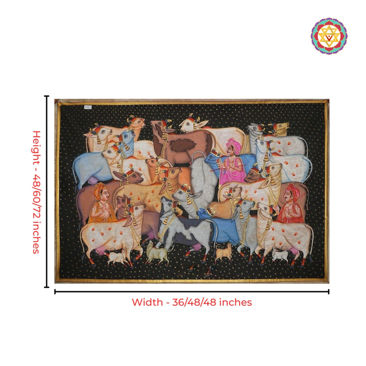 Krishna pastoral scene with aesthetic black cows and cowherds