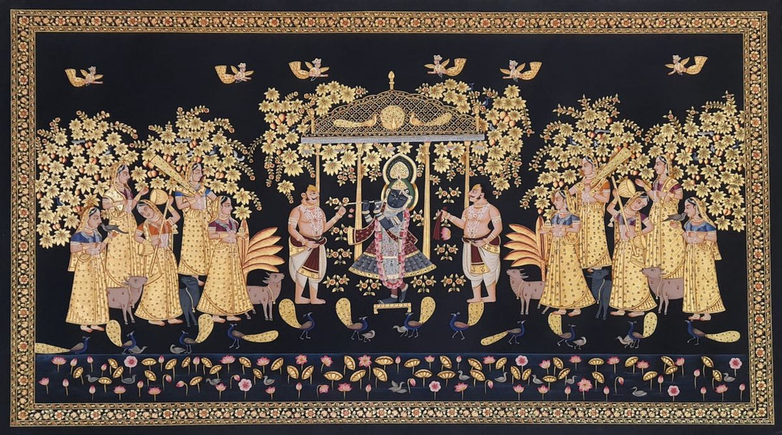 Handpainted Shrinathji with musical apsaras and gopikas