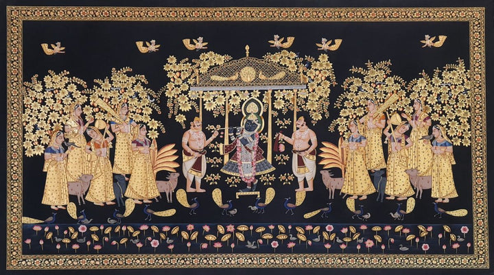 Handpainted Shrinathji with musical apsaras and gopikas