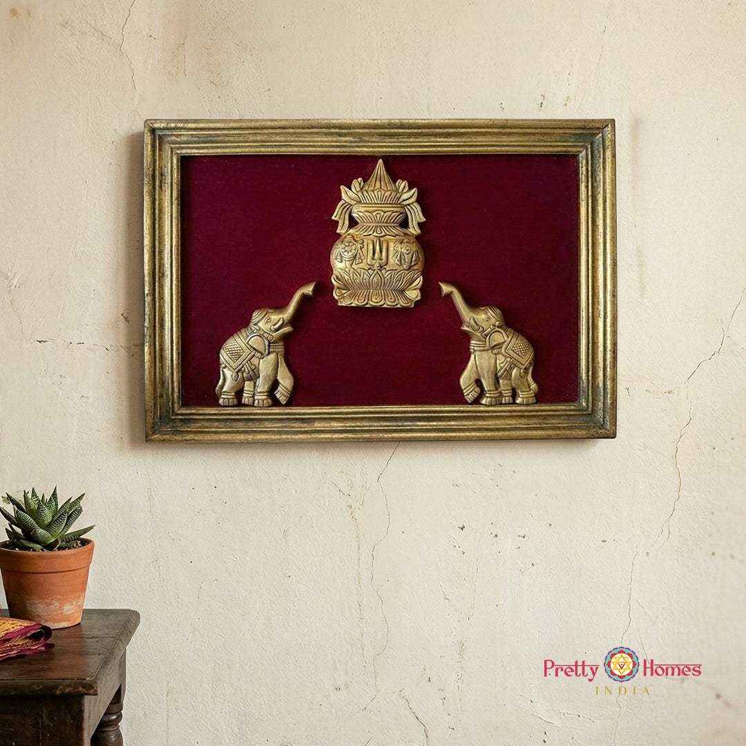 brass mangal kalash wall decor frame with elephants