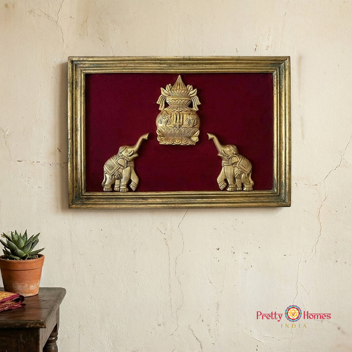 brass mangal kalash wall decor frame with elephants