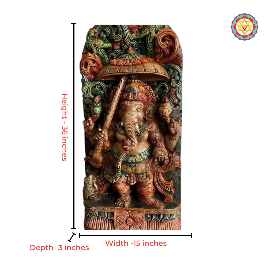 Ornate wood carving Ganesha umbrella design spiritual decor