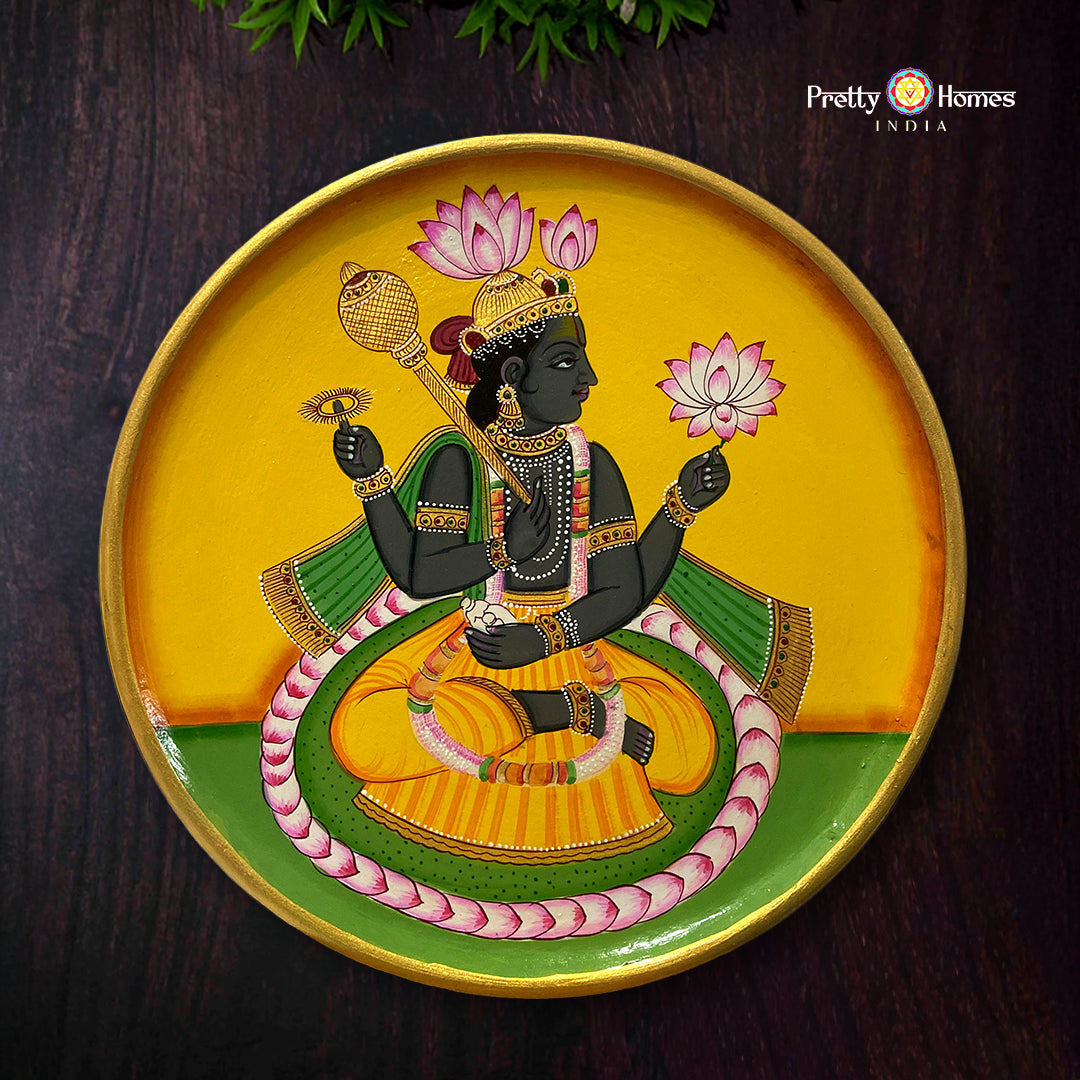 Round pichwai hand-painted celestial Lord Vishnu wooden wall panel with divine theme