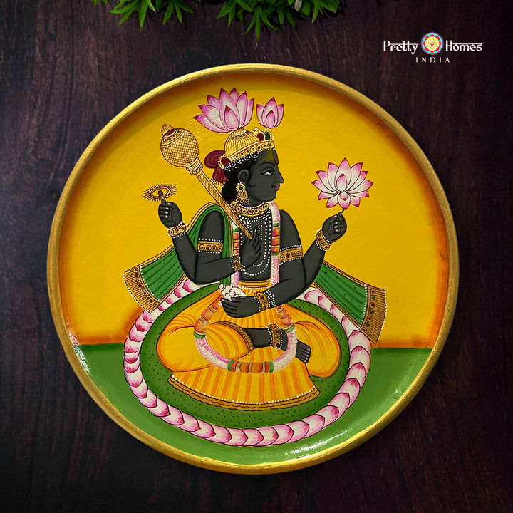 Round pichwai hand-painted celestial Lord Vishnu wooden wall panel with divine theme