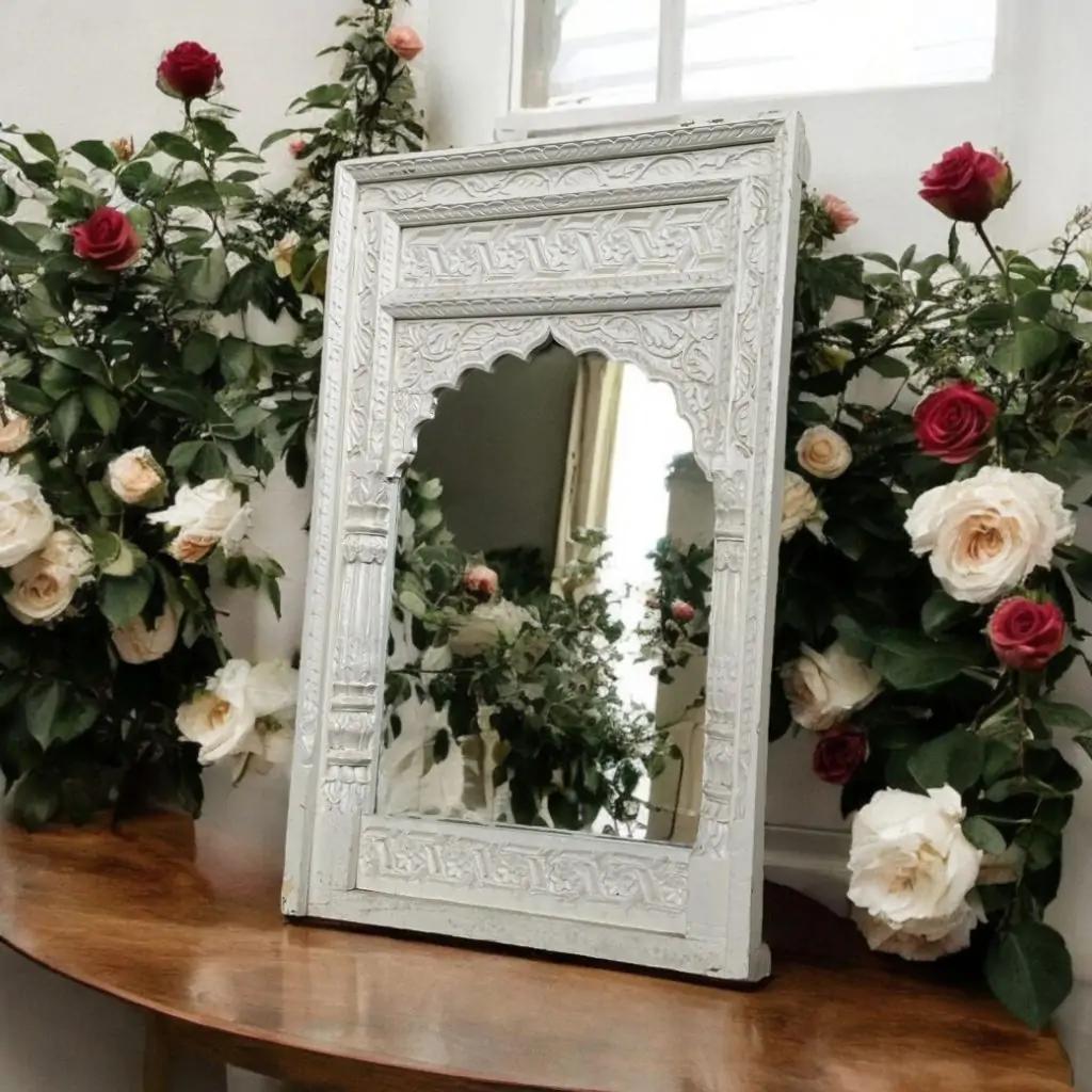 Gulab Jharoka handcarved mirror — mango wood jharokha-style frame decor.
