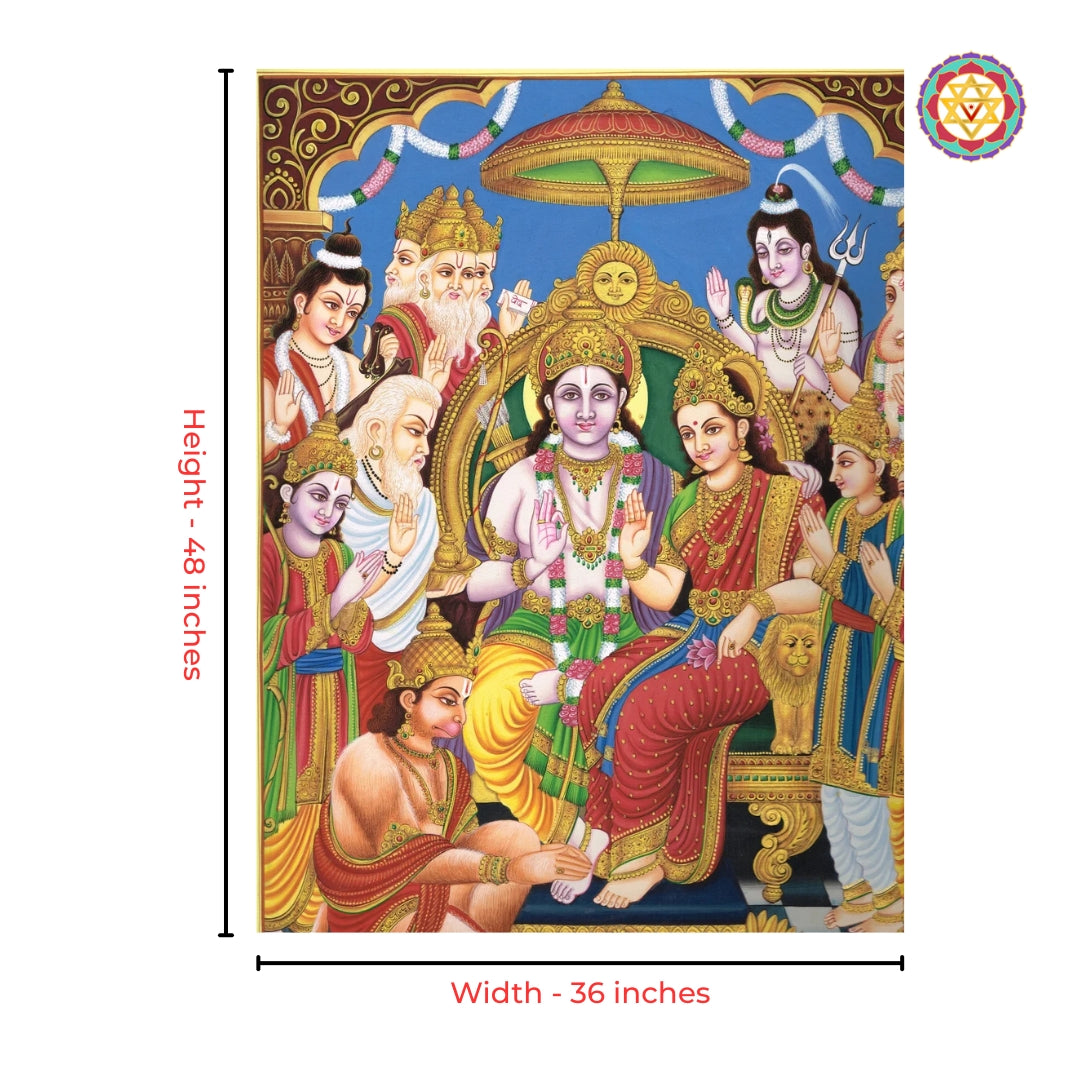Divine Ram Darbar pichwai wall art showcasing detailed devotional craftsmanship