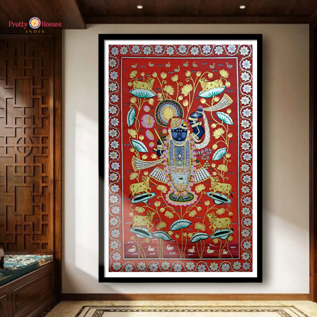 Coral red Shrinathji Pichwai with lotuses and sacred cows