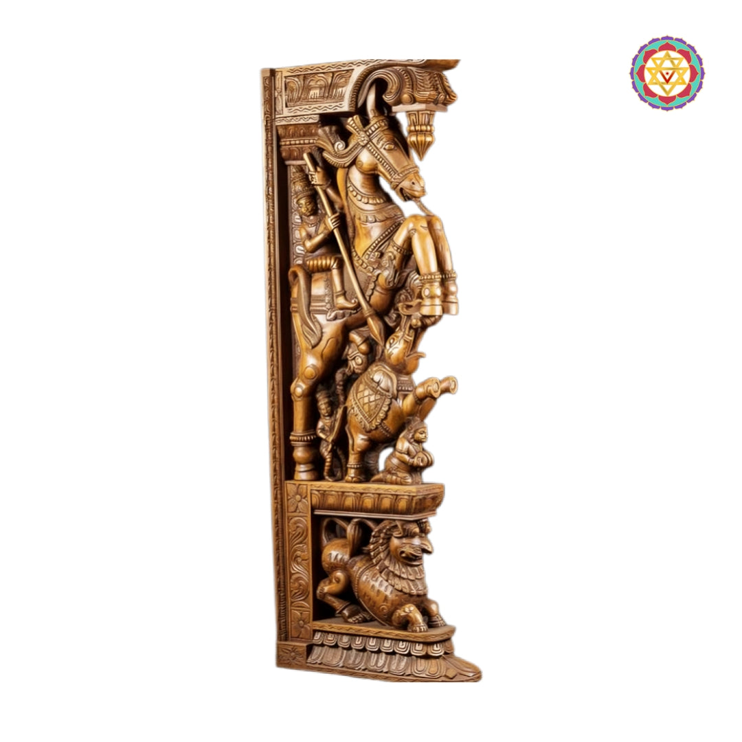 Teak Wood Hand-Carved Wall Panels Horse & Warrior Pair