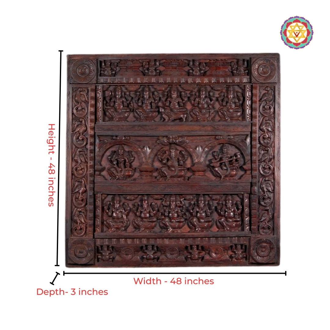 Traditional Teak Wood Ganesh–Lakshmi–Saraswati Wall Decor Frame