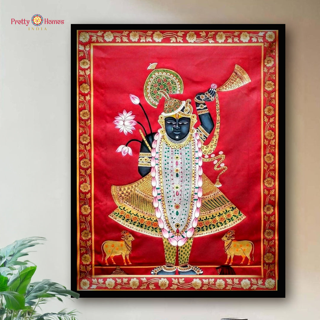 Handpainted Crimson Shrinathji Darshan Pichwai painting
