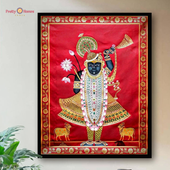 Handpainted Crimson Shrinathji Darshan Pichwai painting