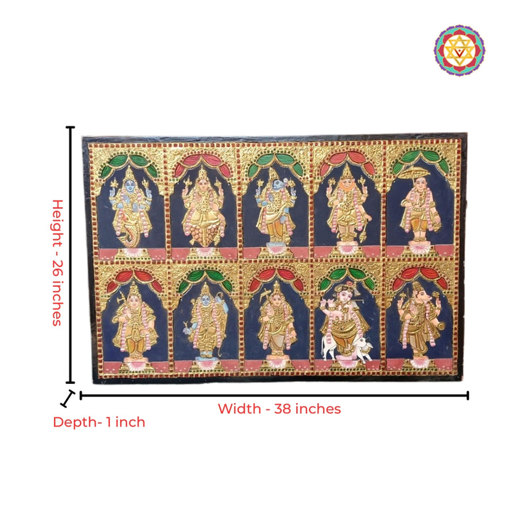 Intricate gold relief work on Vishnu Dashavatar Tanjore art