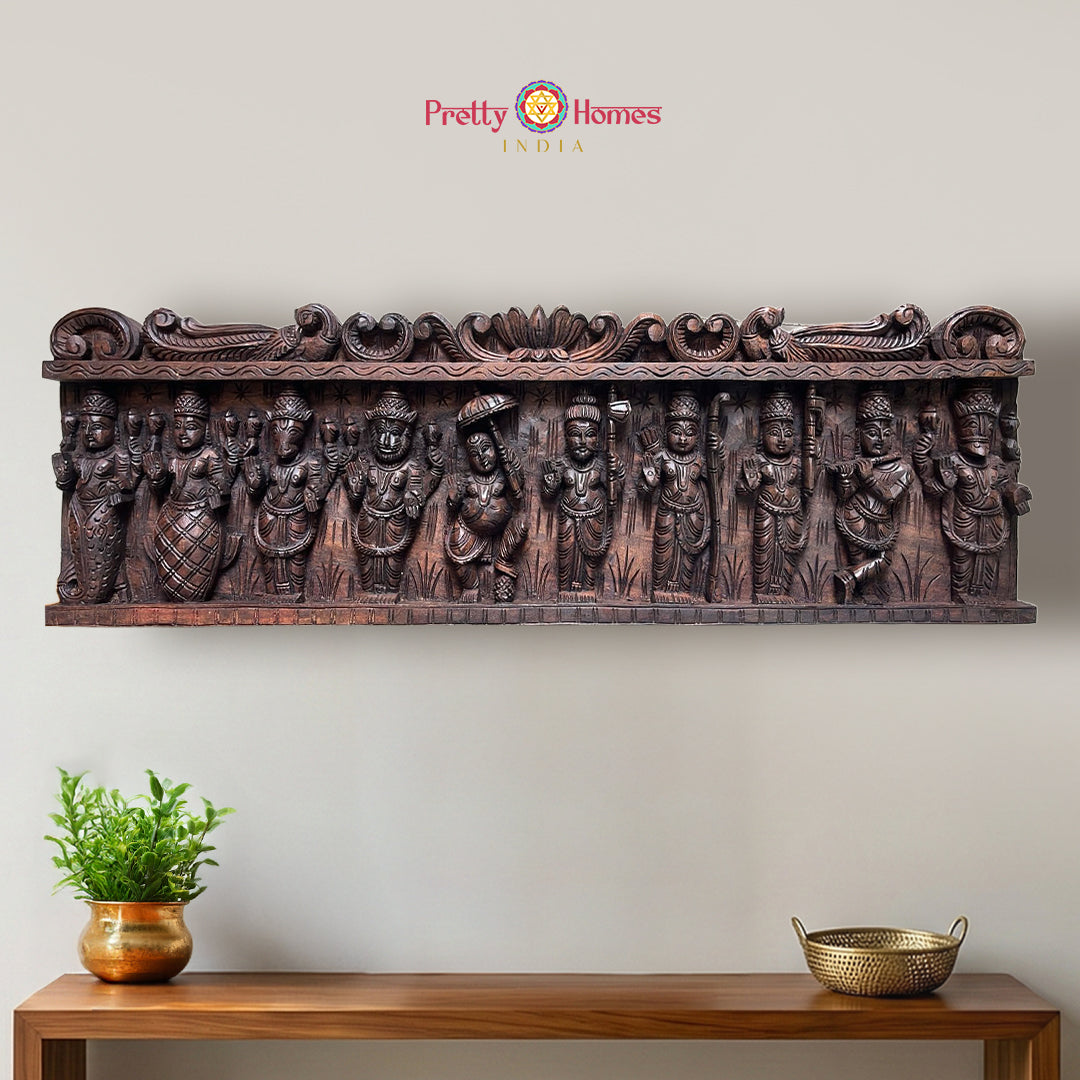 dashavatara vishnu wooden wall panel temple decor