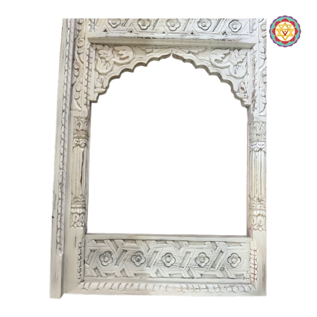 Full view of handcrafted palace-style jharokha window decor frame