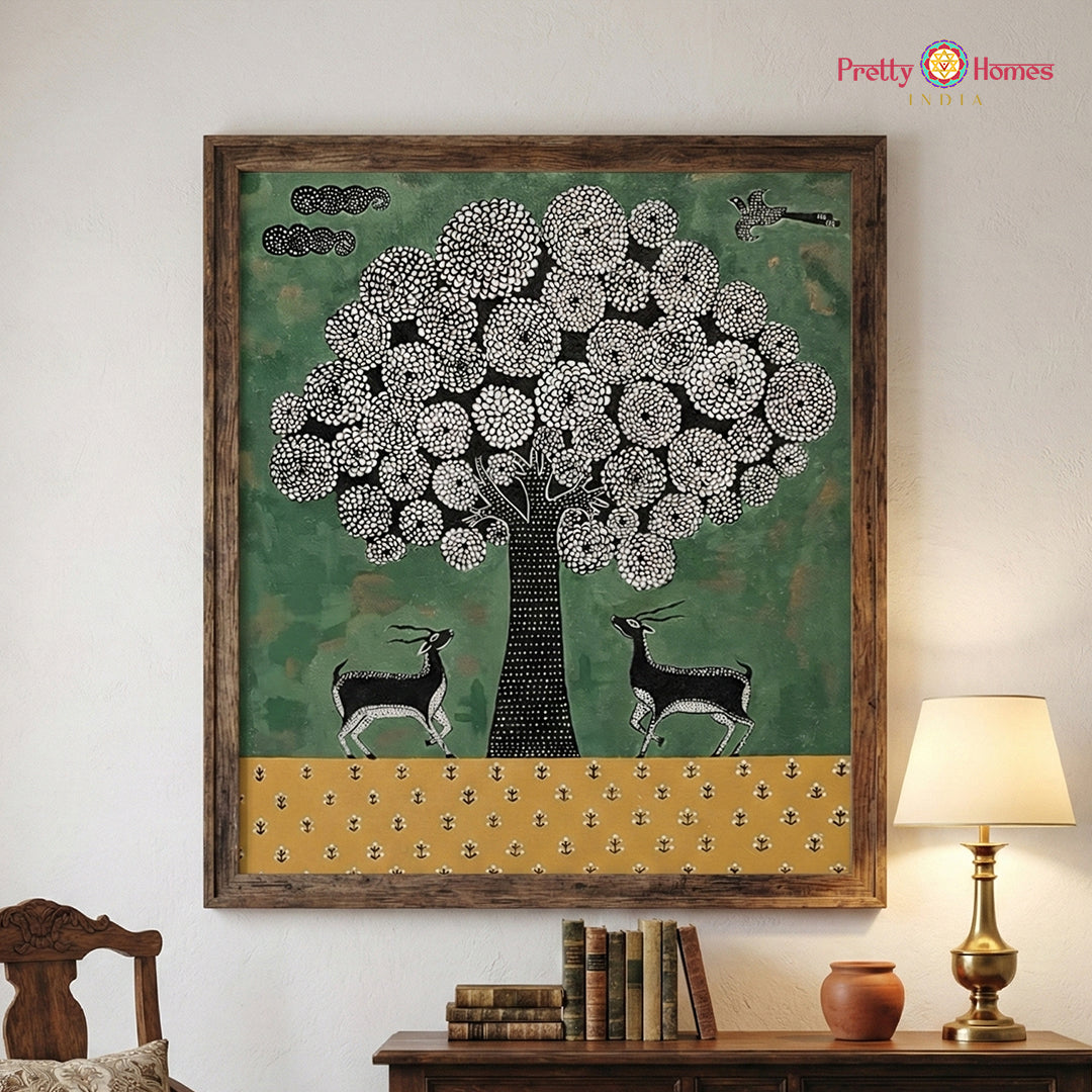 Hand-painted pichwai artwork of deer resting under a tree in a serene forest