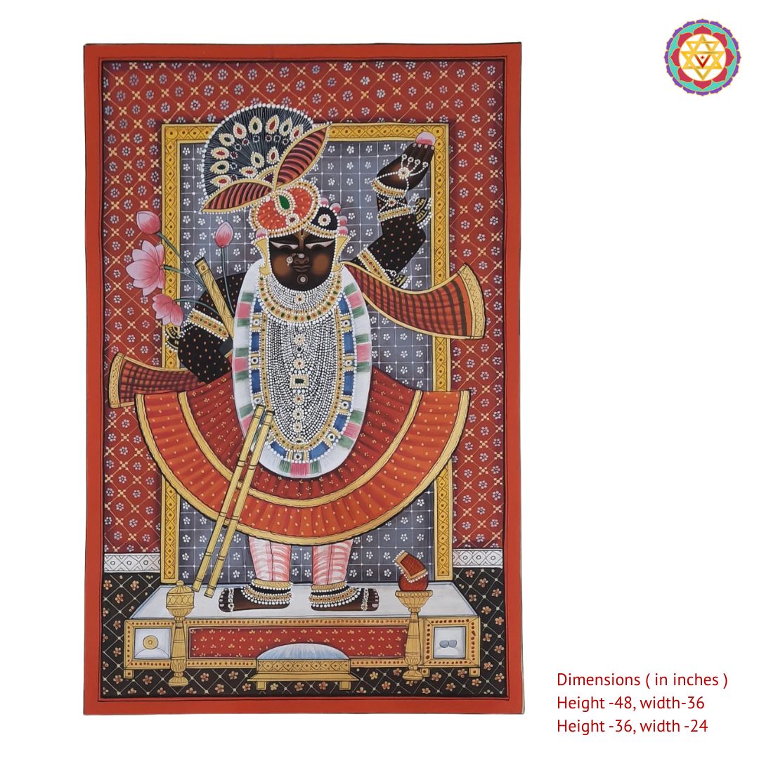 Detailed Shrinathji darshan pichwai painting showing vibrant colours