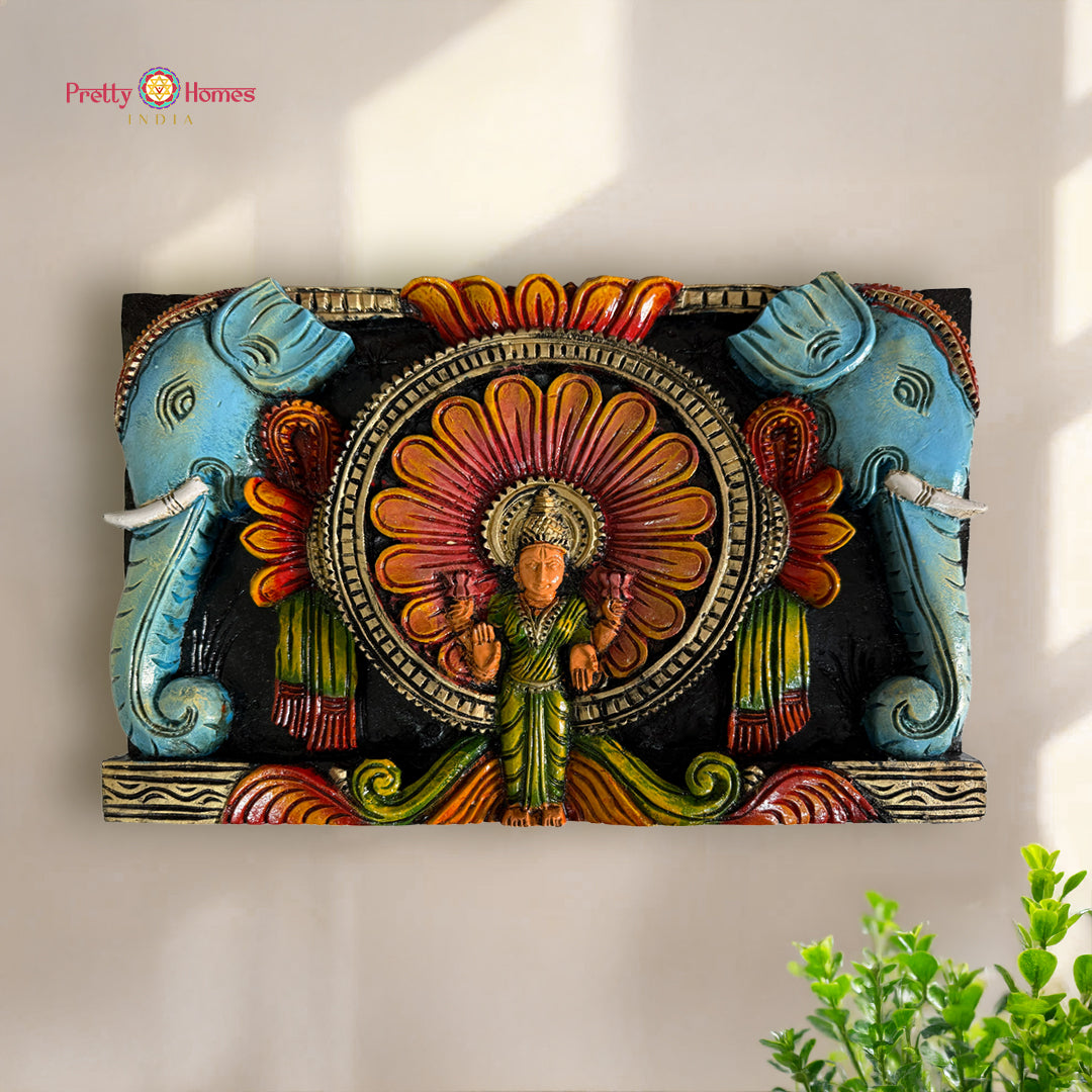 dhan lakshmi wood carving wall decor panel