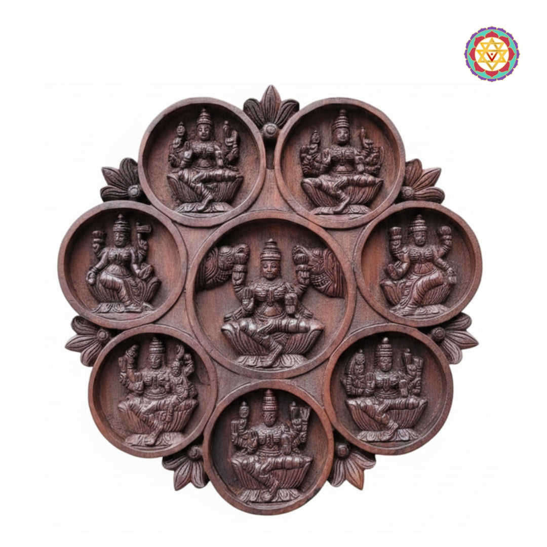 Close-up detailing of Ashta Lakshmi round wooden panel with temple craftsmanship