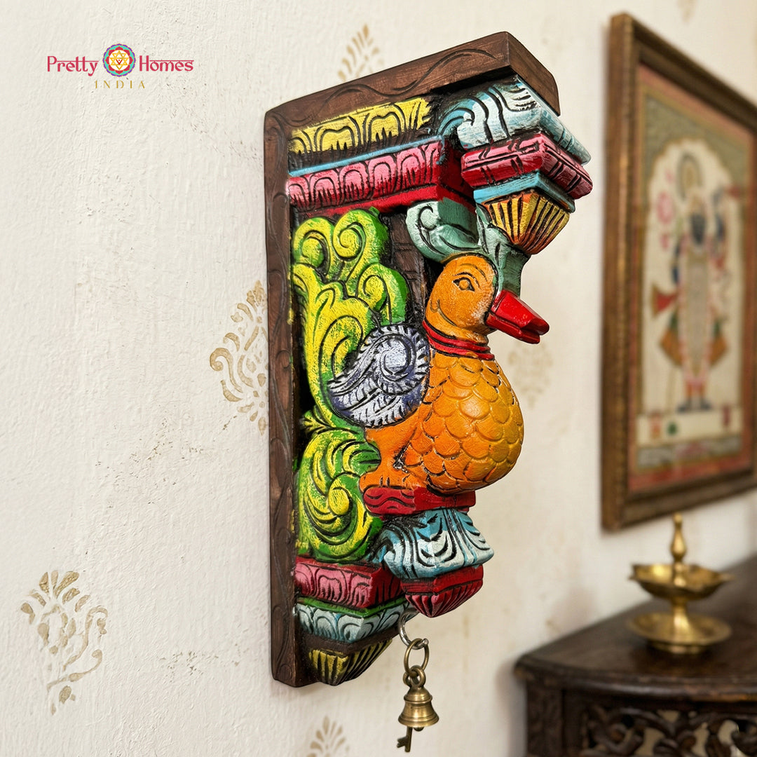 A pair of vertical hand-carved mahogany wood Annam swan brackets with a vibrant multicolour finish.