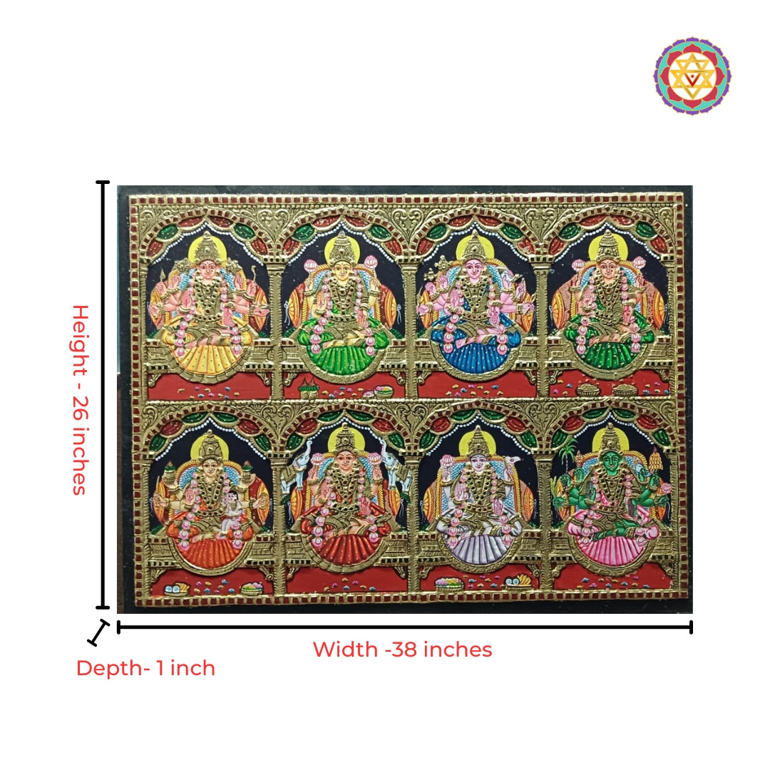 Intricate gold relief work on Goddess Ashtalakshmi Tanjore art