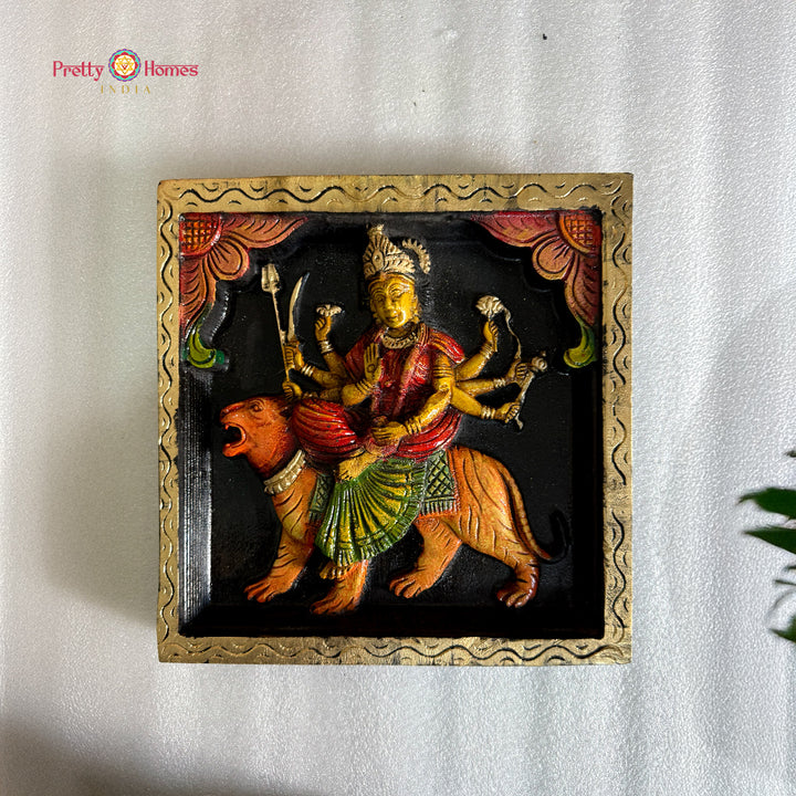 hand carved wooden durga on lion wall plaque