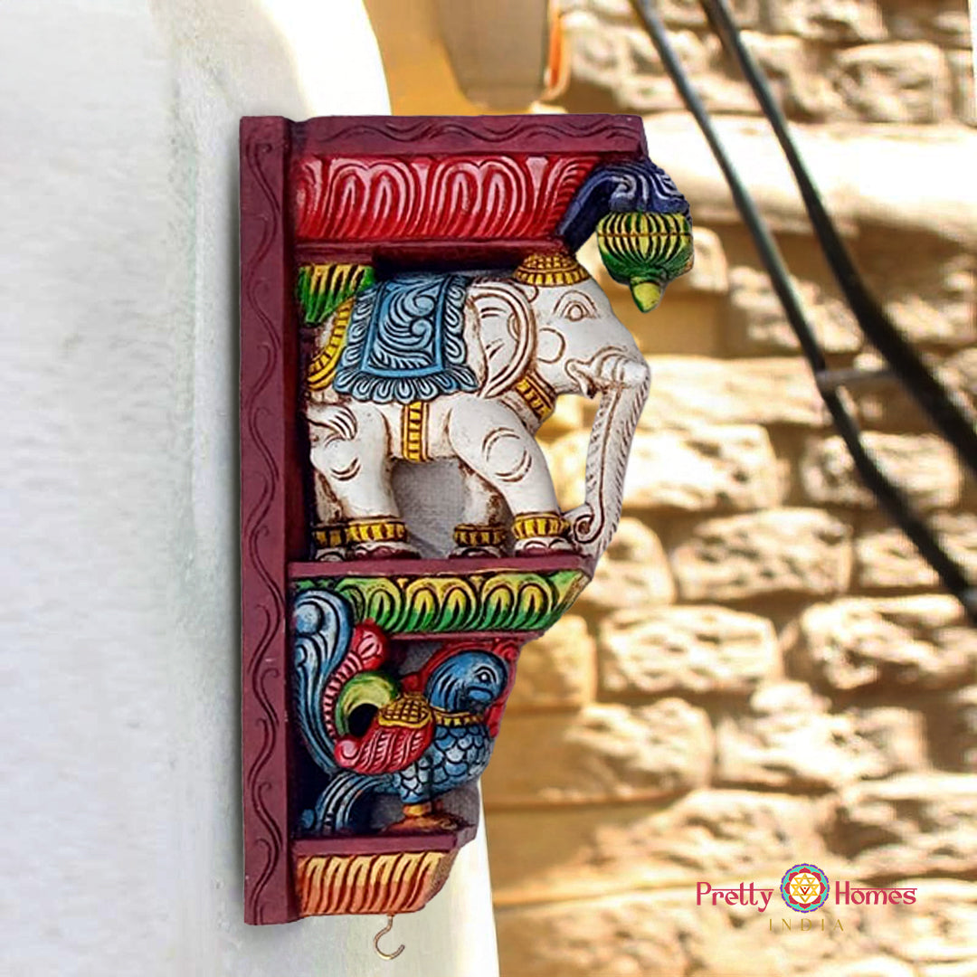 elephant wooden wall bracket with peacock carving