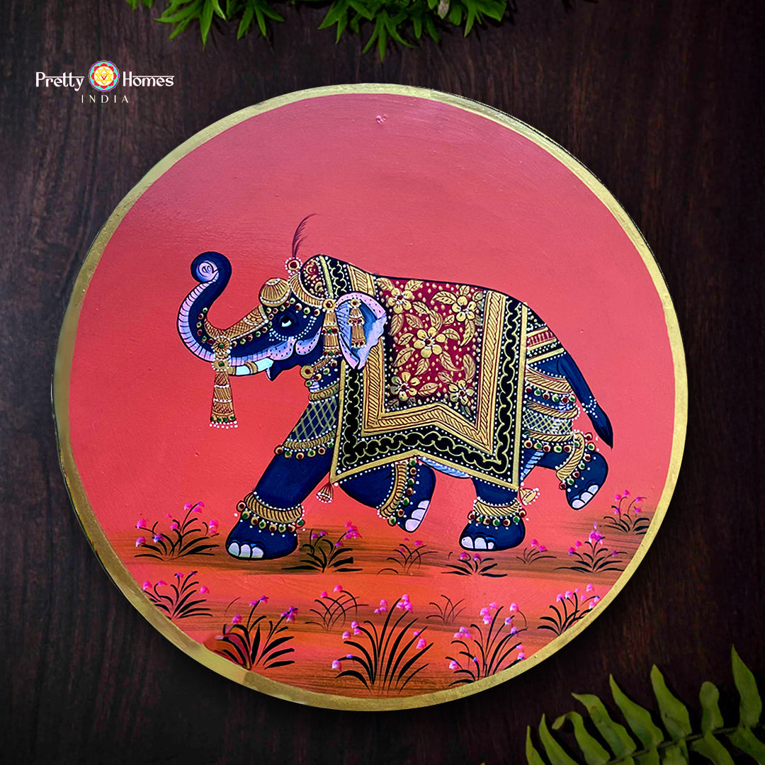 Handpainted embossed Pichwai wall plate featuring royal elephant traditional Indian wall decor art