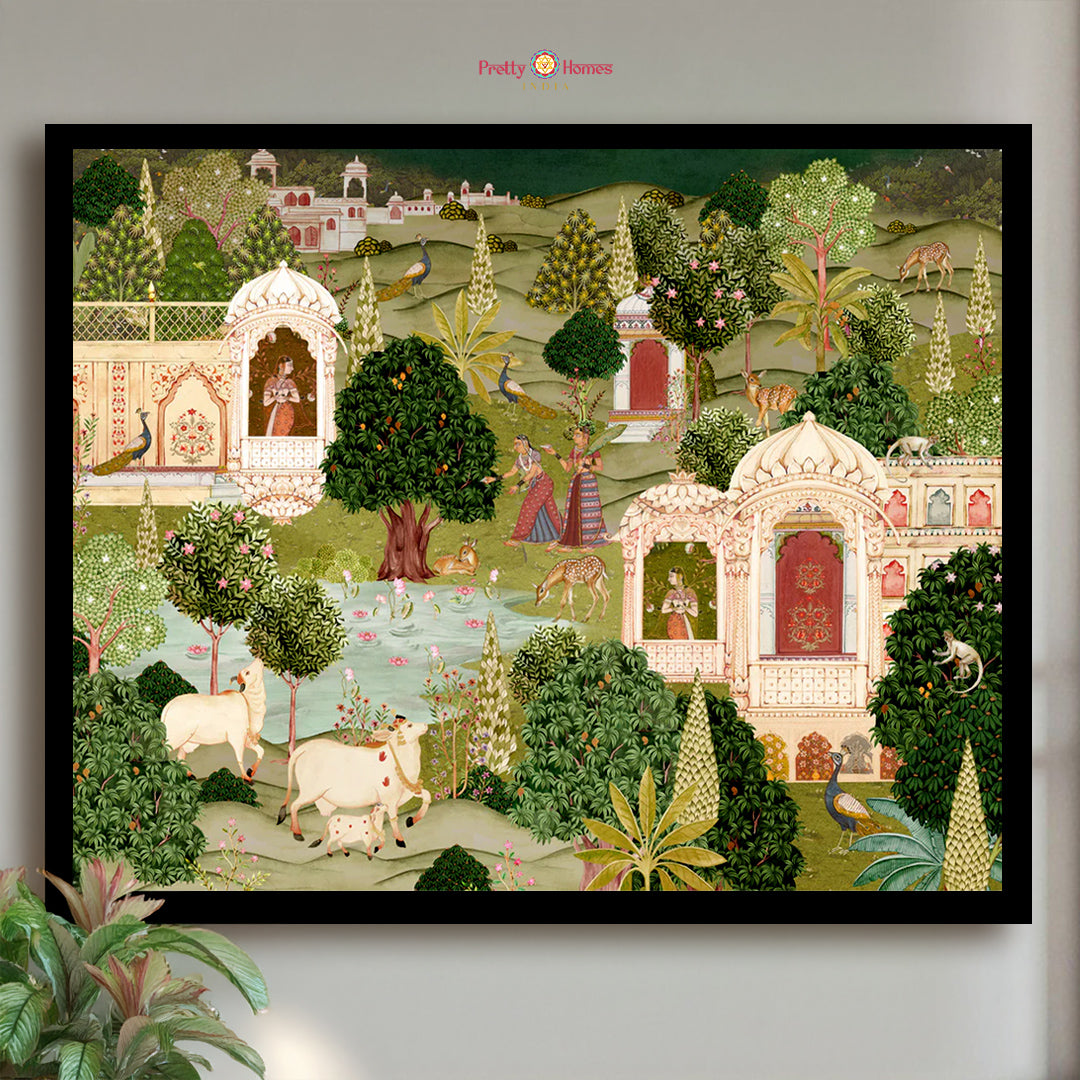 handpainted pichwai enchanted garden wall art with cows and peacocks