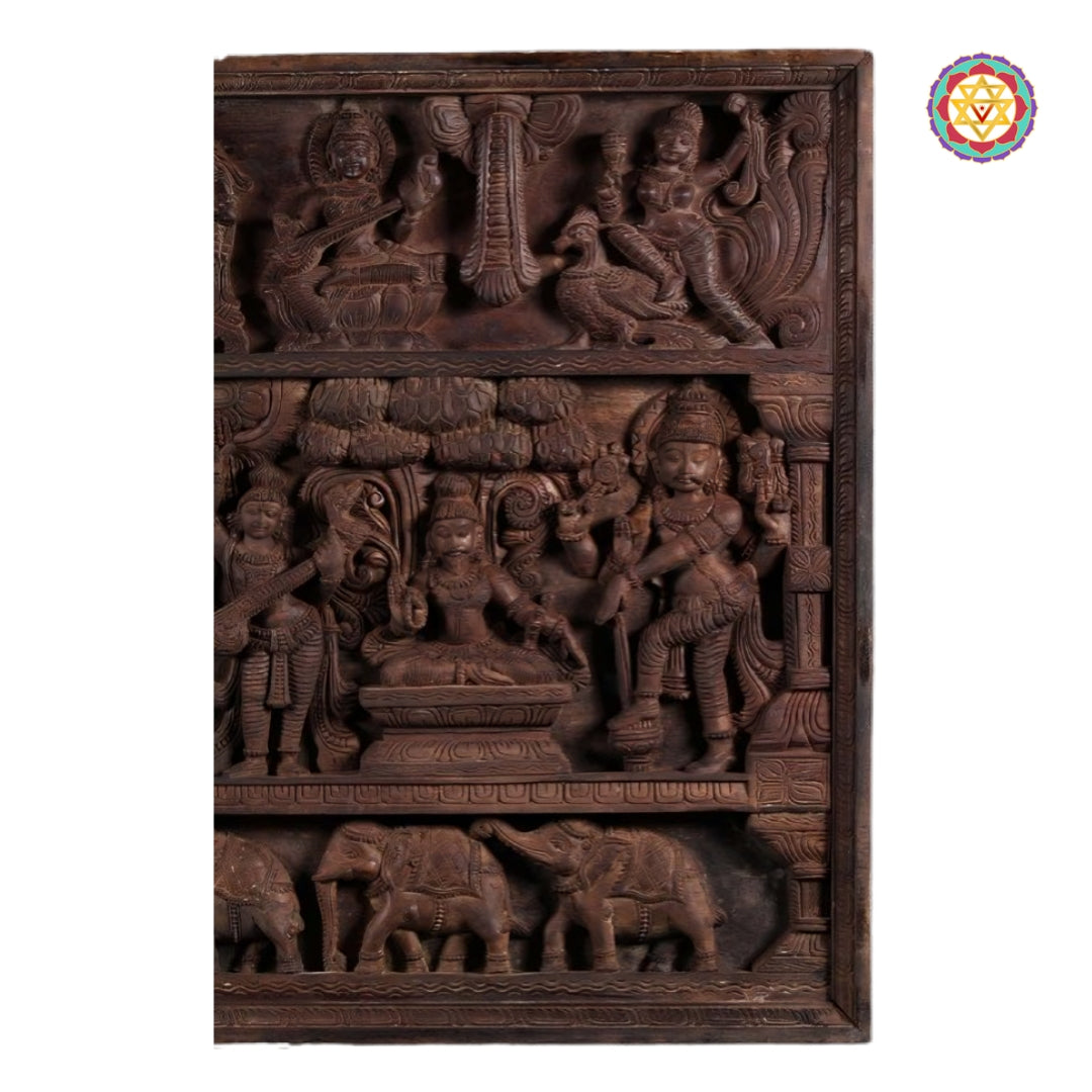 Detailed Meenakshi Kalyanam wedding scene wooden carving in South Indian temple art style