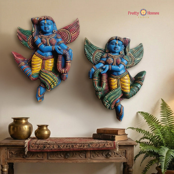 Celestial Gandharva angel wooden wall mount pair holding garlands traditional Indian decor