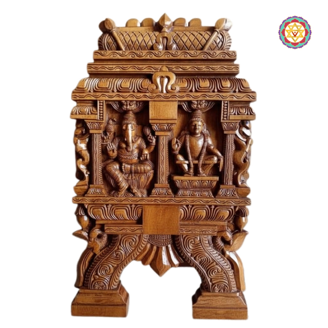 Traditional teak wood Ganesha Lakshmi Kavadi wall mount hand carved devotional panel