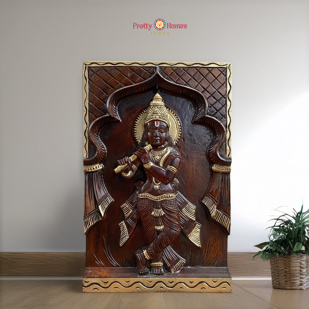 Woodcarved antique gold flute Krishna wall panel with devotional heritage design