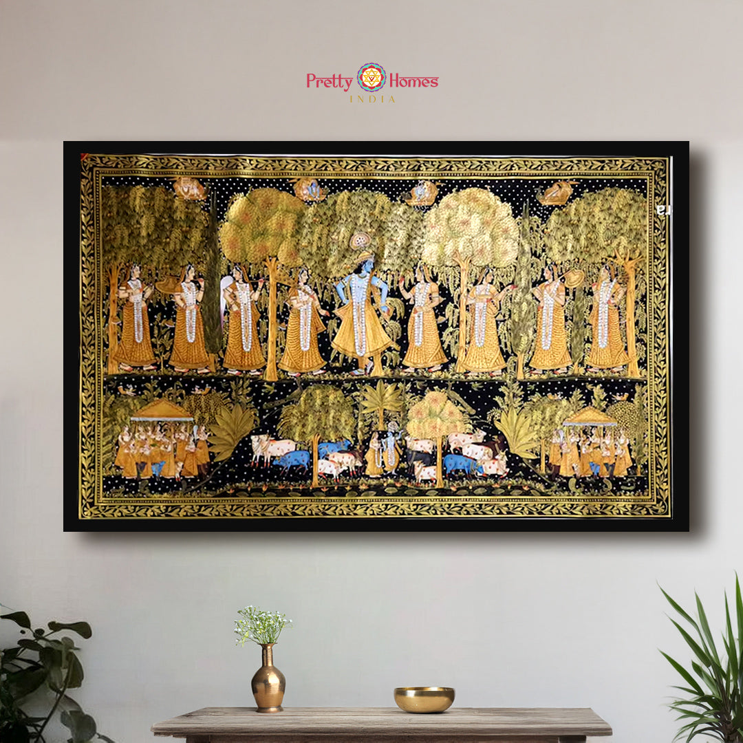 Large Horizontal Handpainted Pichwai Flute Krishna in Forest with Gopikas and Gold Accents