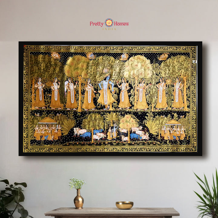 Large Horizontal Handpainted Pichwai Flute Krishna in Forest with Gopikas and Gold Accents