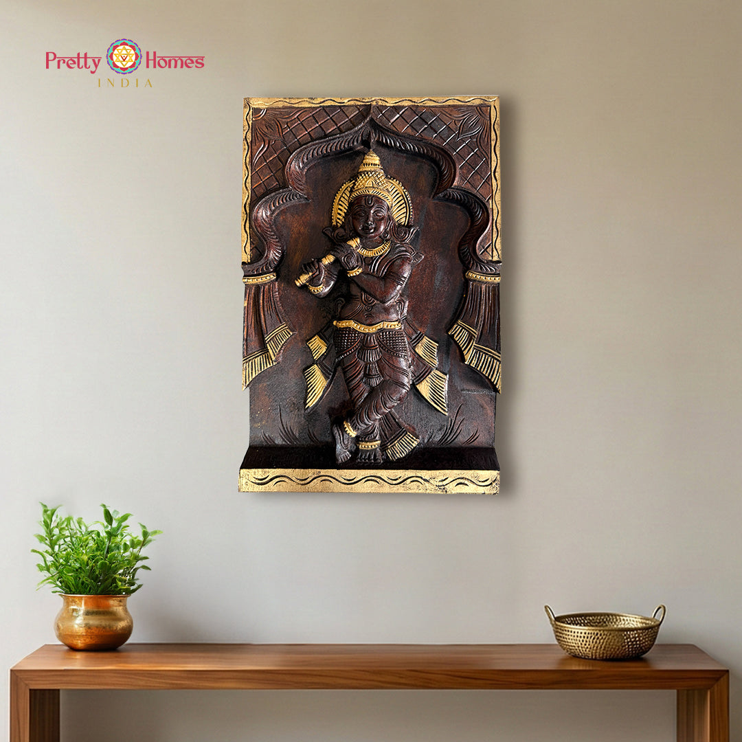 Hand carved krishna statue flute wall plaque with gold finish