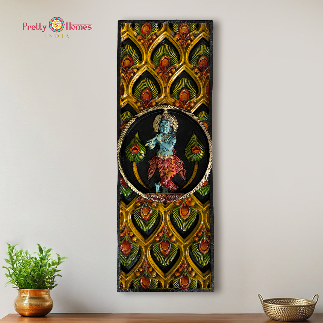Hand carved krishna statue flute wall panel with peacock feathers