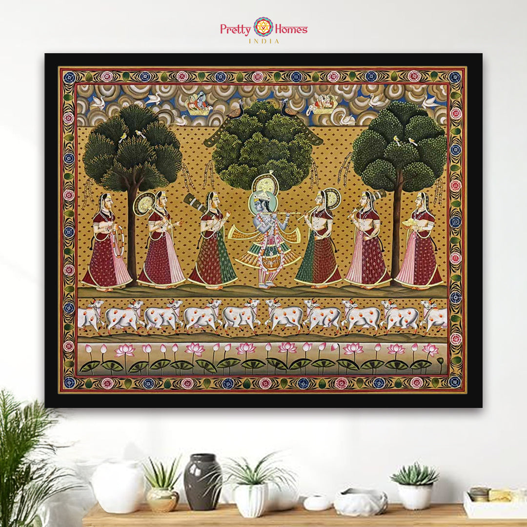 Horizontal hand-painted pichwai artwork of flute Krishna with traditional detailing