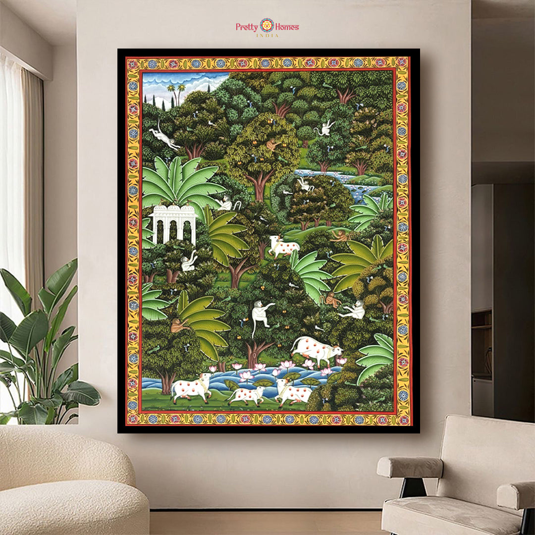 handpainted forest pichwai wall art with birds and animals