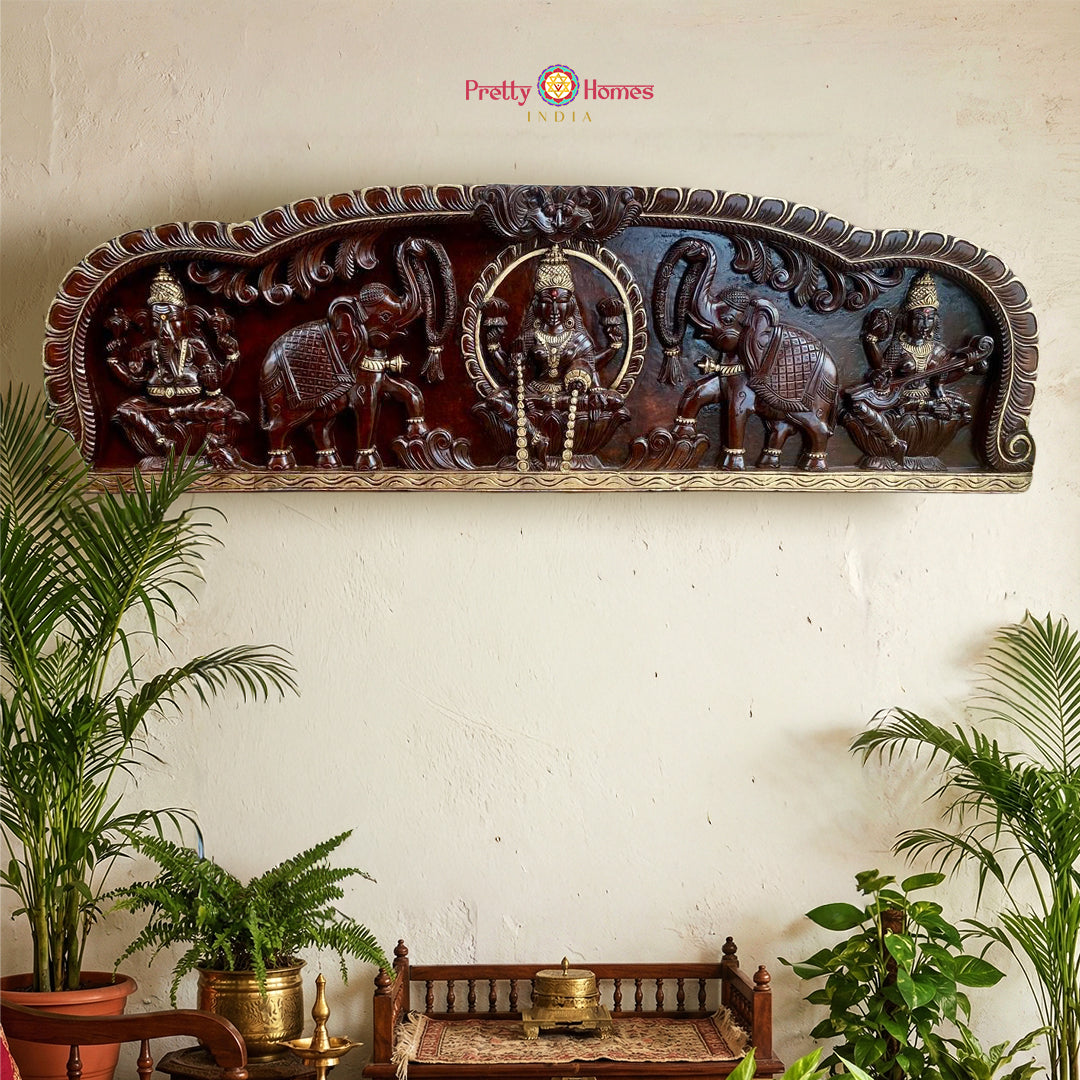 Antique gold finish hand-carved Gajalakshmi panel with divine temple motifs
