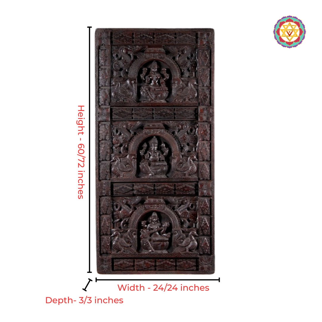 Hand-Carved Teak Wood Ganesh Lakshmi Saraswati Vertical Panels