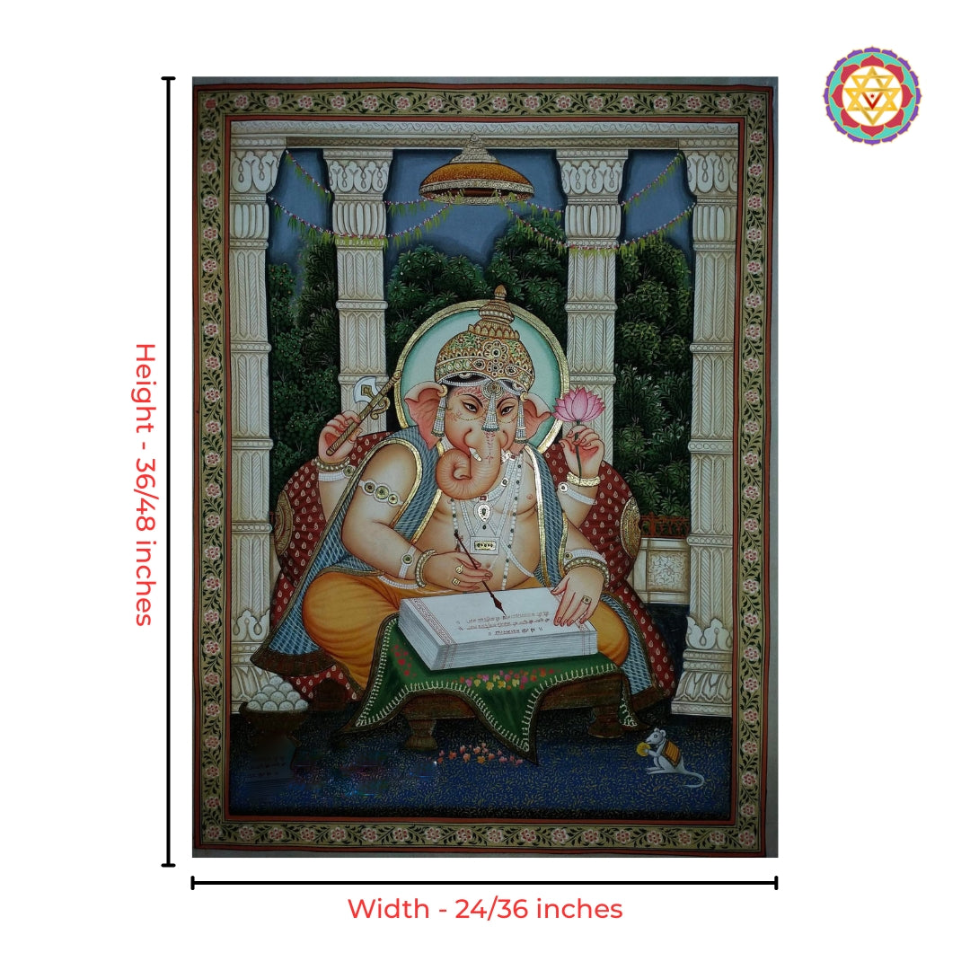 Close-up view of Ganesha divine scribe pichwai artwork with intricate detailing