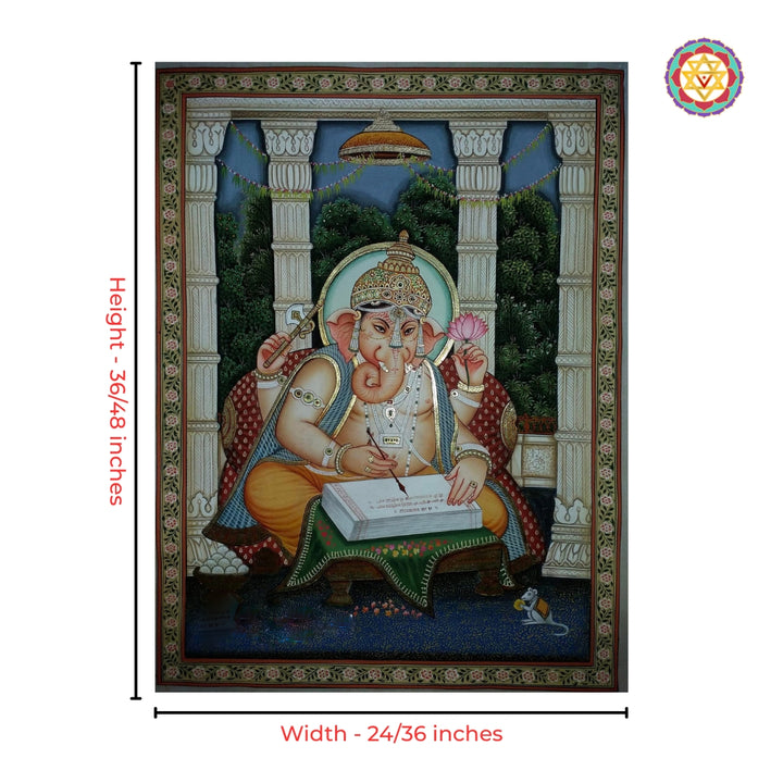 Close-up view of Ganesha divine scribe pichwai artwork with intricate detailing
