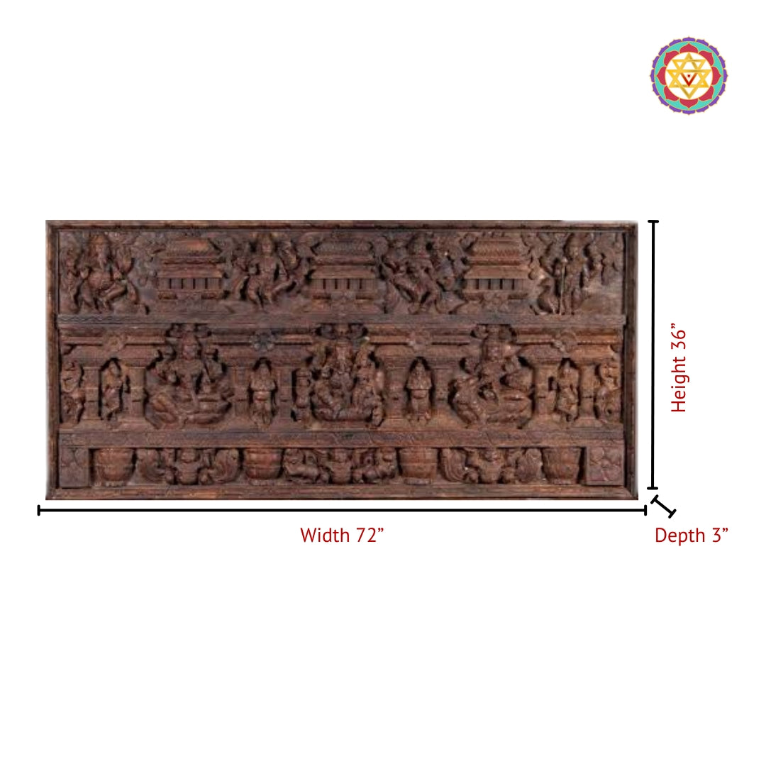 Spiritual wooden artwork showing Ganesha Lakshmi Saraswati temple-style design