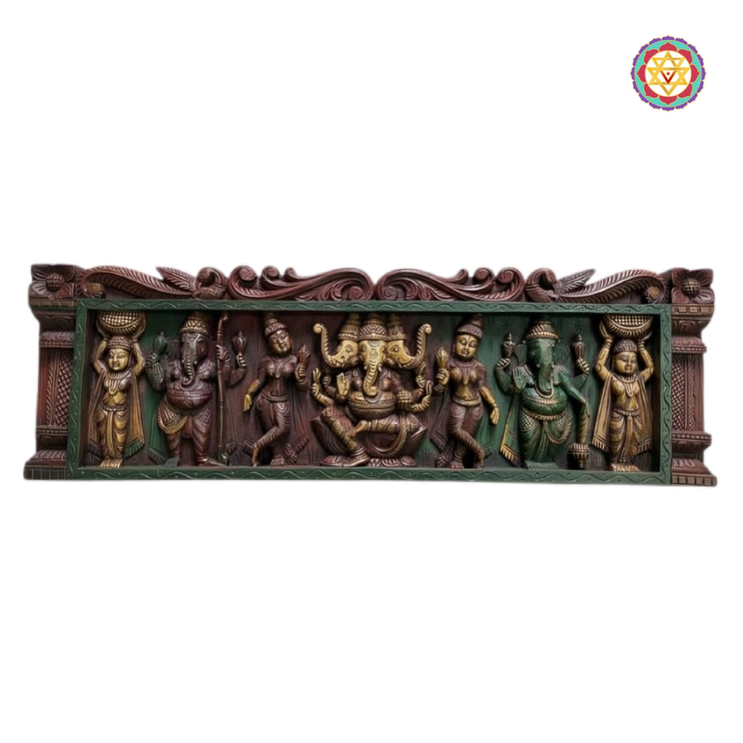 sacred ganesha wooden wall decor with worshippers