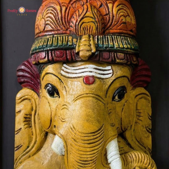 ganesha wall decor wooden carved face with silk backdrop