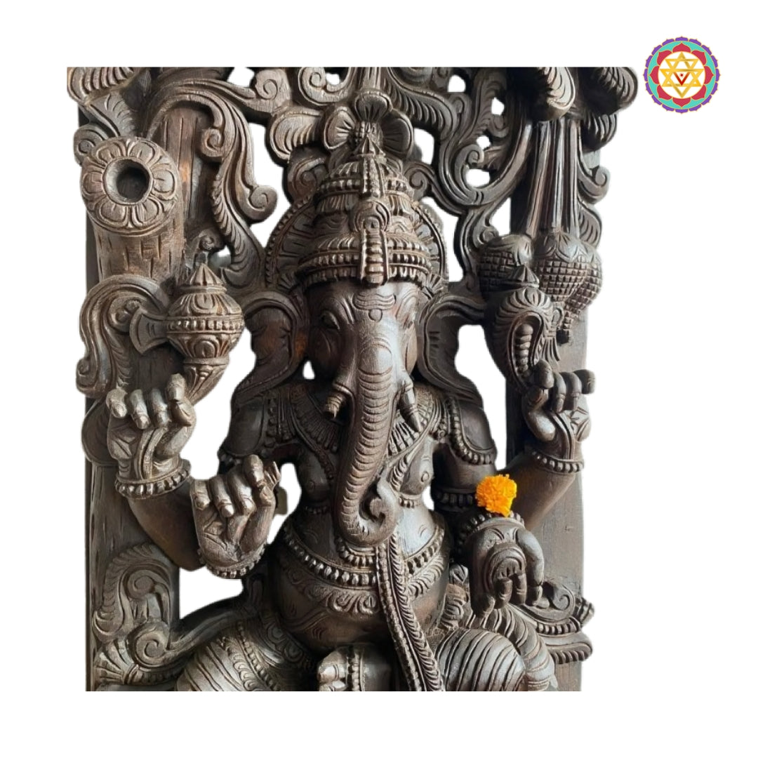 Intricate wood carving Ganesha with birds flowers wall decor