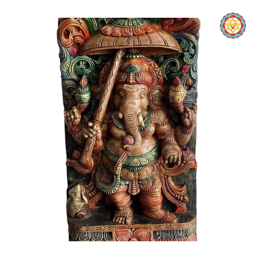 Wooden ganesha statue pooja room wall sculpture